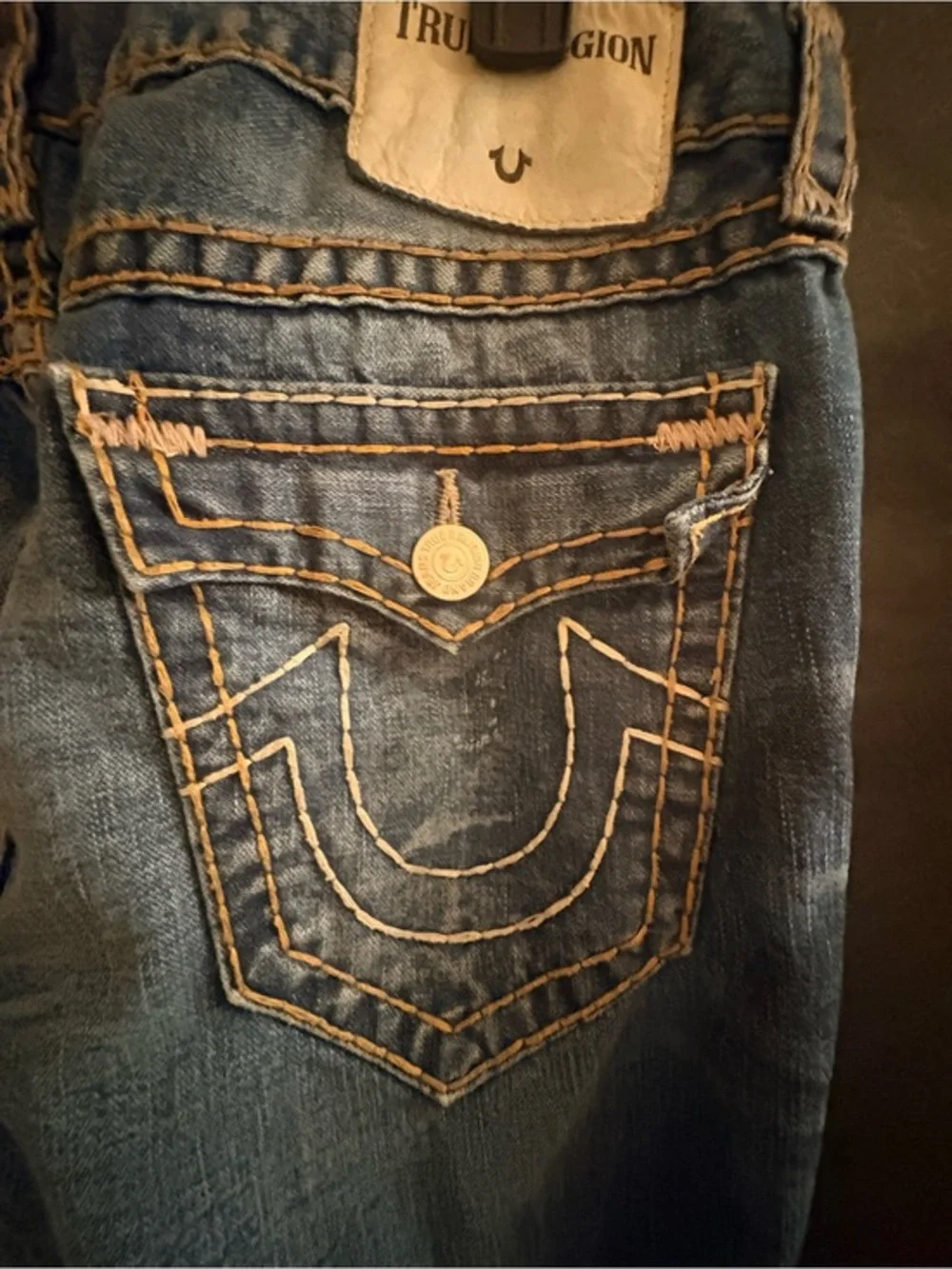 True Religion Men's Dark Blue Bootcut Jeans with Contrast Stitching